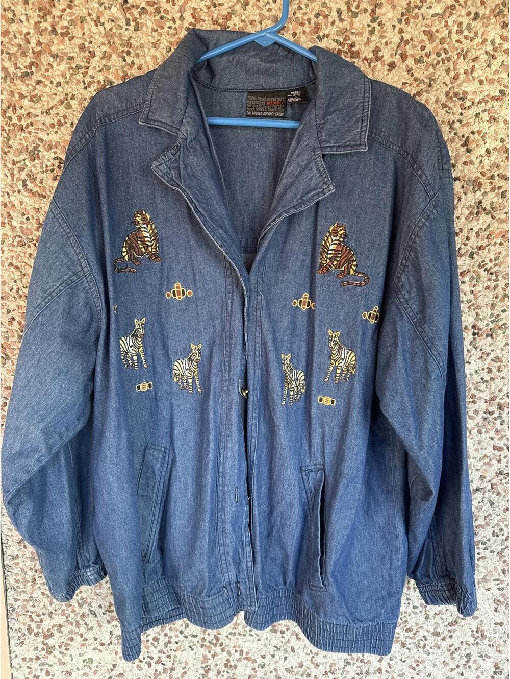 Vintage Mureli Jacket L Embroidered Tigers Zebras 90s Safari Jean Coat
